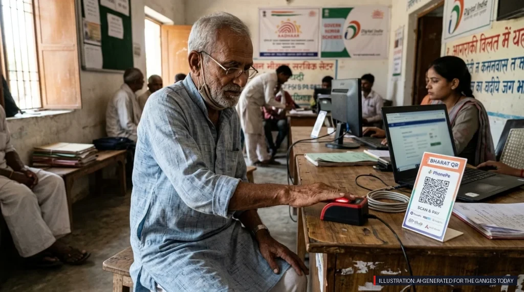 Illustration: AI-generated for The Ganges Today — An elderly citizen undergoes biometric verification at an Aadhaar digital service center
