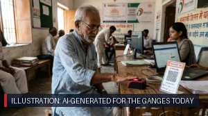 Illustration: AI-generated for The Ganges Today — An elderly citizen undergoes biometric verification at an Aadhaar digital service center